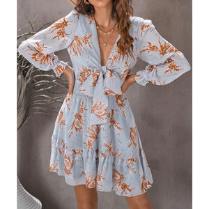 Unbranded Blue Floral Tie Front Long Sleeve Mini Cottagecore Dress Size XL